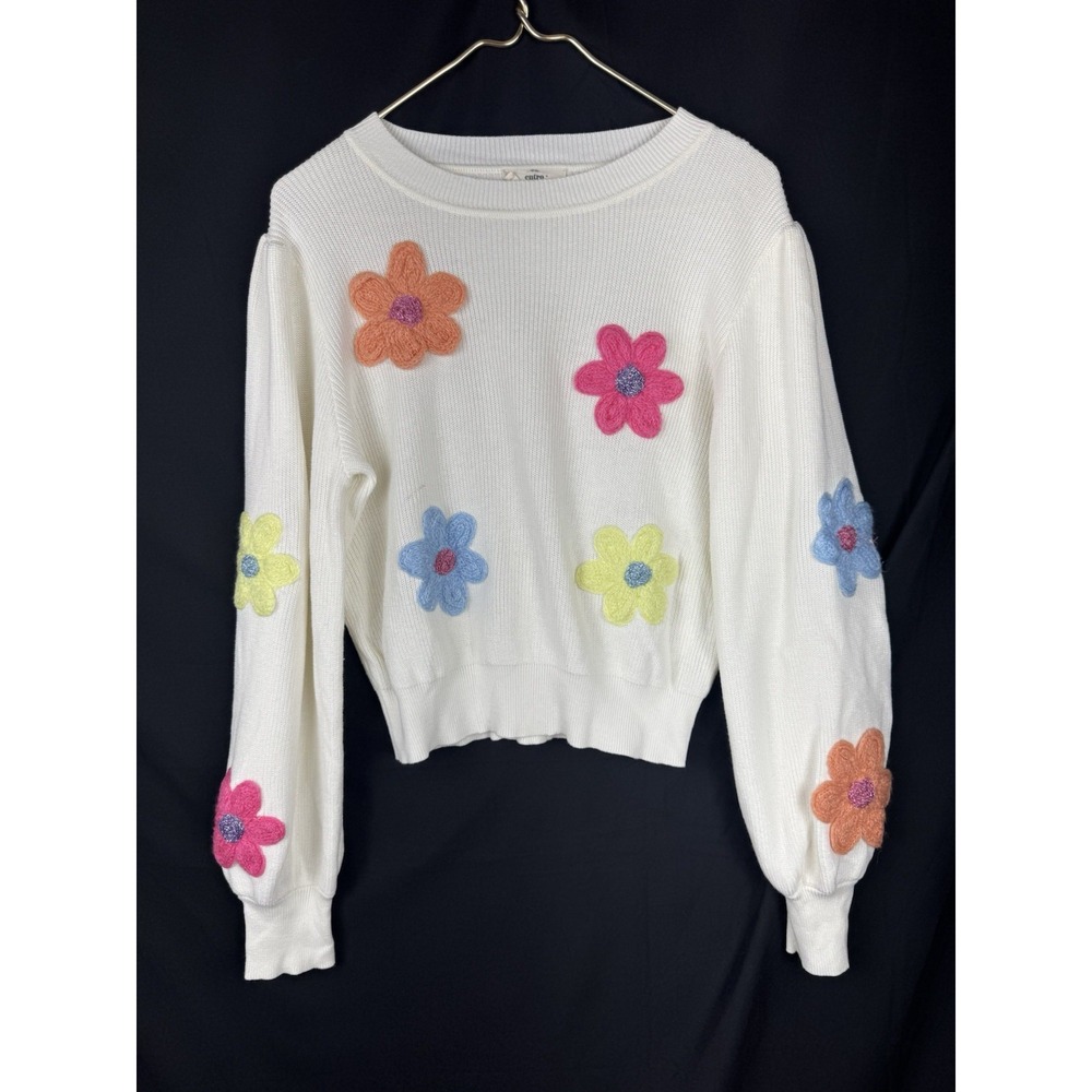 Entro Floral 3D Flowers Teacher Sweater White Pastel Knit Cottagecore Sz Large L